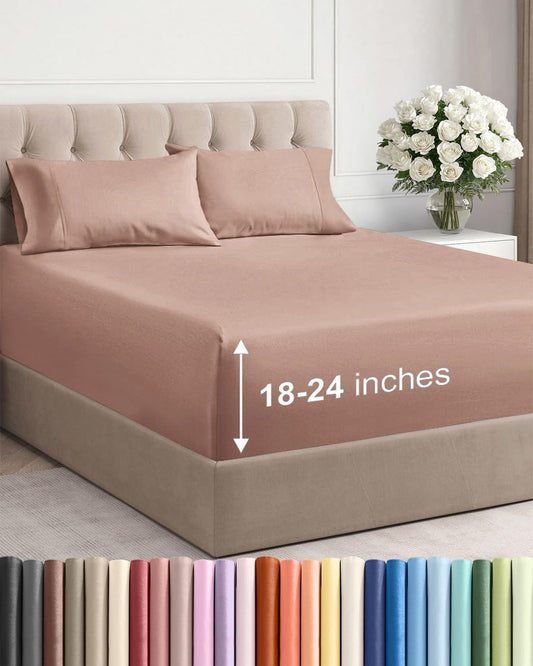 Skiennix Extra Deep Twin Sheet Set - 4 Piece Breathable Cooling Bedding - Soft Wrinkle-Free Mauve