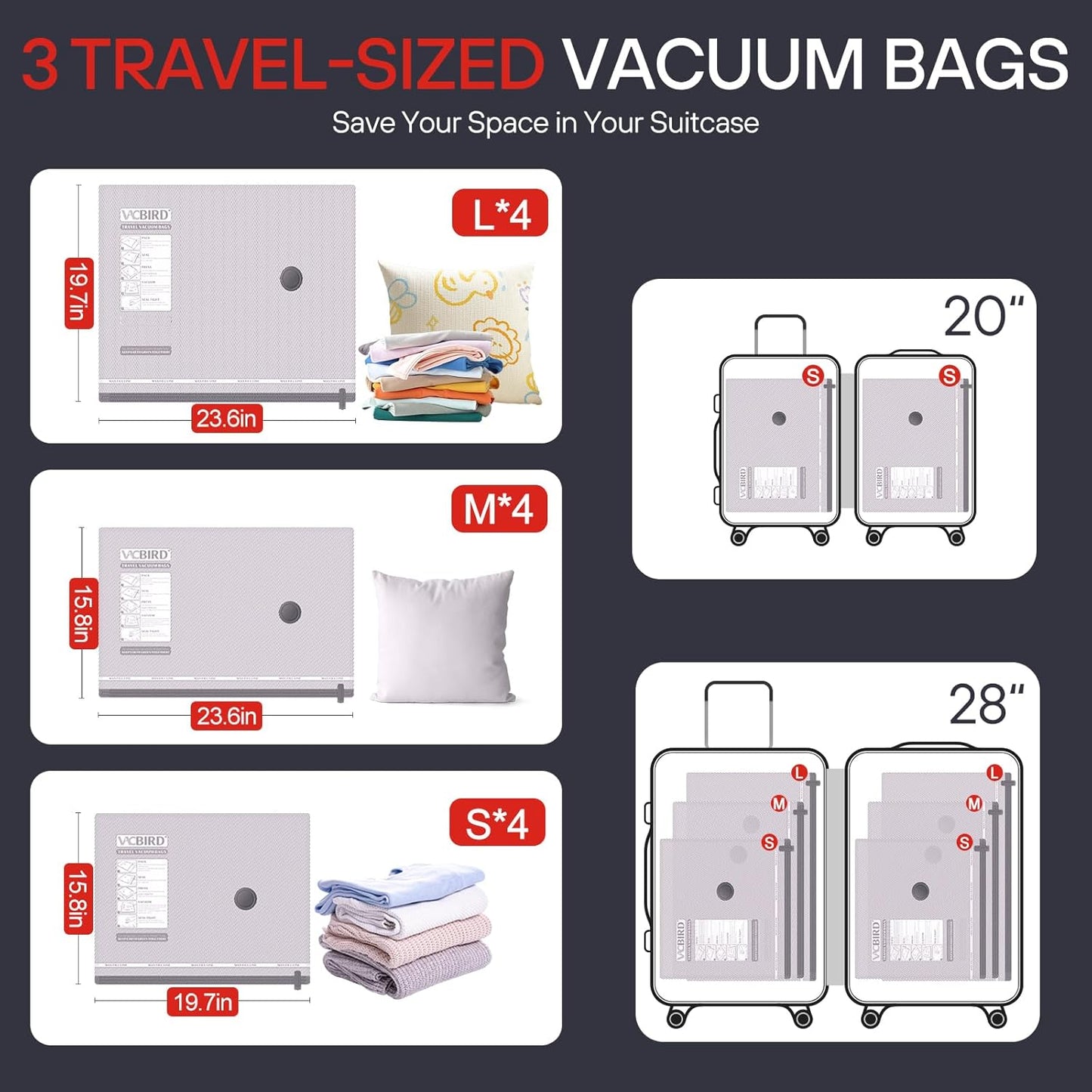 VMstr Vacuum Seal Compression Bags - 12-Pack Travel Space Saver for Clothing with Electric Pump