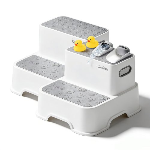 2-Pack Step Stool for Kids with Faucet Extender & Duck Toys - Non-Slip Toddler Stool for Bathroom Sink, Potty Training & Kitchen - Heavy Duty 200lbs Foot Stool for Adults (Grey)