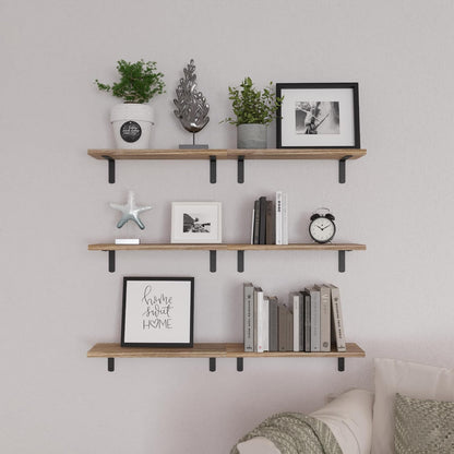 WOPITUES Floating Wood Shelves Set of 6 - Rustic Brown Wall Decor for Bedroom, Bathroom & Living Room