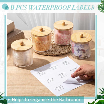 Yaomiao Ribbed Bathroom Canisters - 6 Pcs Apothecary Jars with Bamboo Lids & Labels | 18 oz Plastic Storage for Cotton Balls, Swabs, Floss Picks