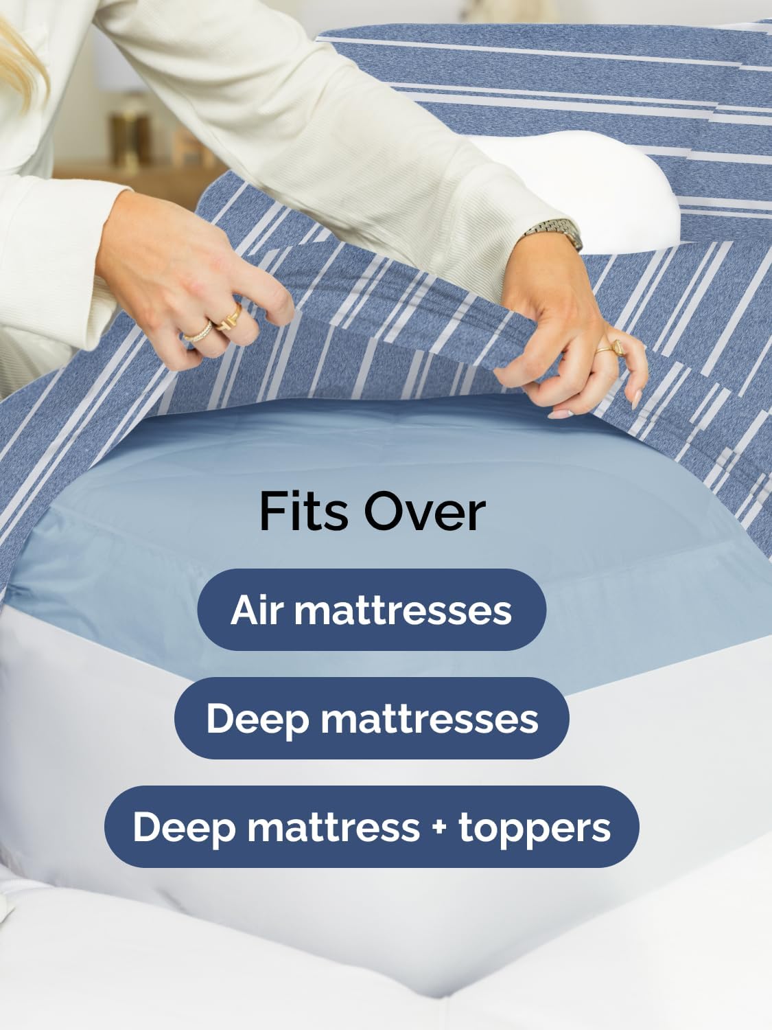 Skiennix Extra Deep Full Sheet Set - 6-Piece Cooling Bedding - Soft, Wrinkle-Free Blue Stripes