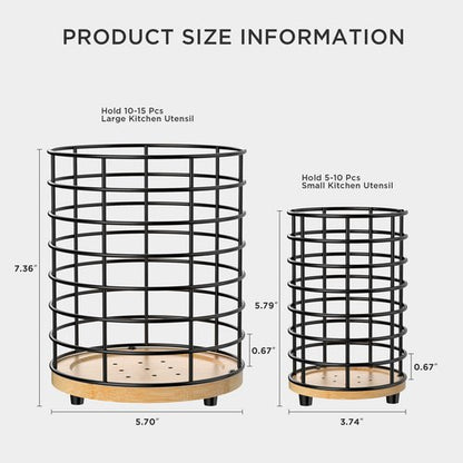 HBlife Utensil Holder for Kitchen Counter Set of 2 (7.4" & 5.8") Matte Black with Wooden Base, Cooking Utensil Organizer for Spatula, Kitchen Decor