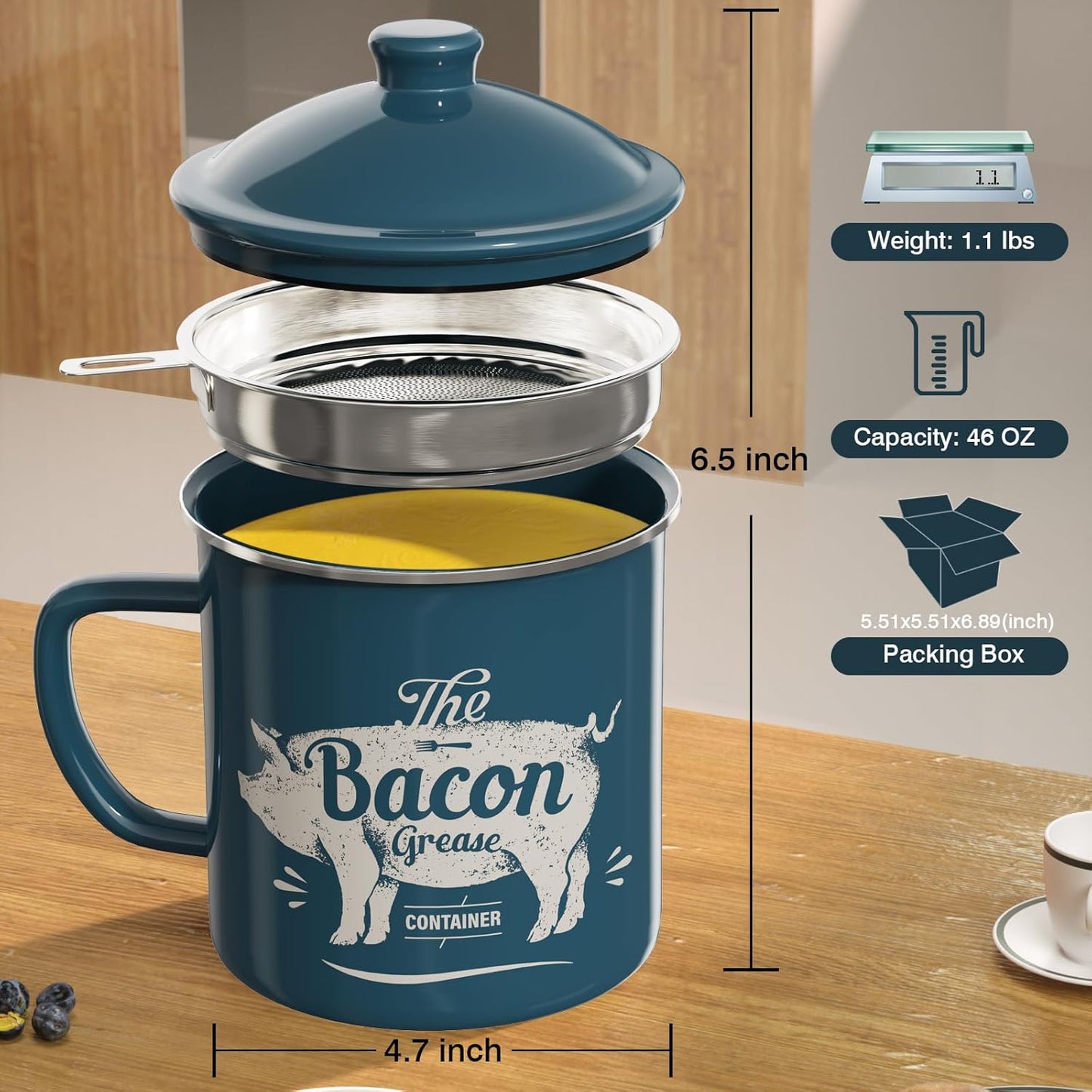 Skiennix Meat Chopper - Efficient Black Kitchen Tool with 46oz Blue Bacon Grease Container