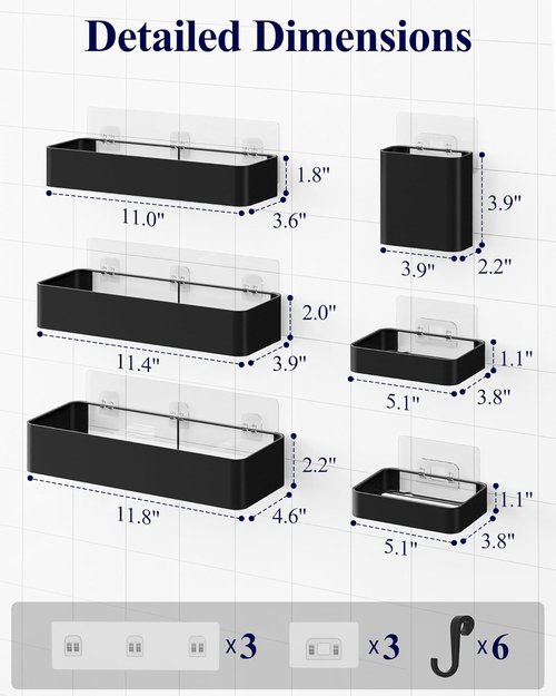 Kitsure Shower Caddy Adhesive - No-Drill Bathroom Organizer with Soap Holder & Hooks | Large Black 6-Pack