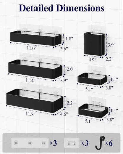 Kitsure Shower Caddy Adhesive - No-Drill Bathroom Organizer with Soap Holder & Hooks | Large Black 6-Pack