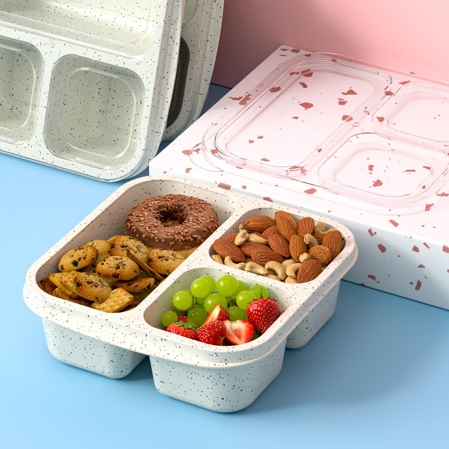 Enstphjoy Snack Boxes (3 Pack) - Stackable Bento Boxes with 3 Compartments, Meal Prep Containers Reusable, Lightweight Lunch Containers for Kids and Adults, BPA Free (Off White)