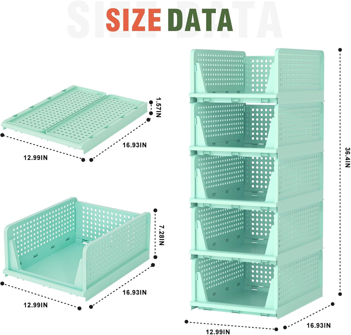 Stackable Plastic Storage Drawers - Closet Organizer Bins for Clothes | 5 Green Open Storage Bins