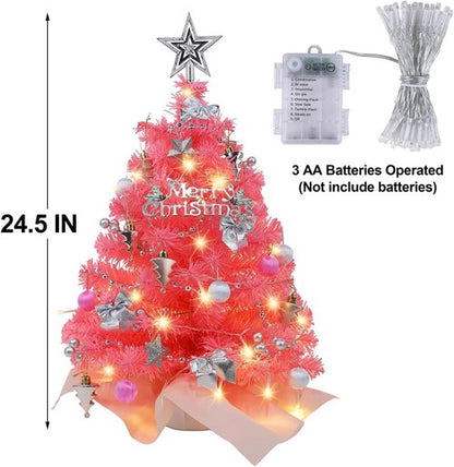 Juegoal 24-Inch Pink Mini Christmas Tree - Lighted Tabletop Artificial Pine with 50 LED Lights | Battery Operated & Timer for Holiday Decor