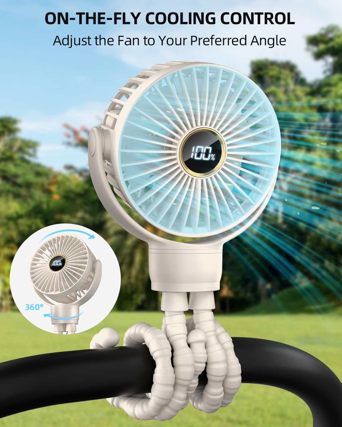 Portable Stroller Mini Fan, Small Rechargeable Personal Fan, Travel Essentials for Baby, Wagon, Car Seat, Treadmill, Battery Powered Biking Gear Accessories, 360° Rotation, 3-Speed, Display, Beige