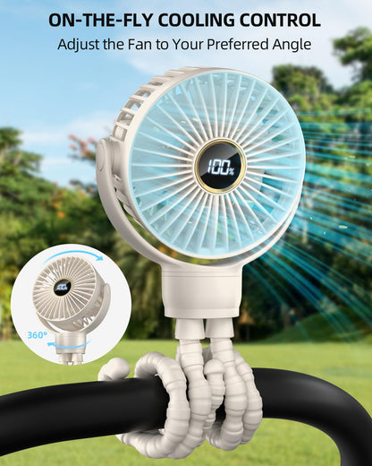 Portable Stroller Mini Fan, Small Rechargeable Personal Fan, Travel Essentials for Baby, Wagon, Car Seat, Treadmill, Battery Powered Biking Gear Accessories, 360° Rotation, 3-Speed, Display, Beige