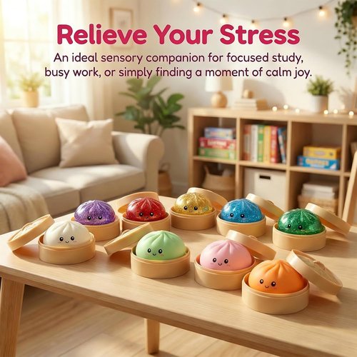 Dumpling Squeeze Toy - Glitter Stress Relief Ball with Steamer Box | Soft Sensory Gift for Kids & Adults (A-Blue)