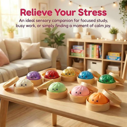 Dumpling Squeeze Toy - Glitter Stress Relief Ball with Steamer Box | Soft Sensory Gift for Kids & Adults (A-Blue)