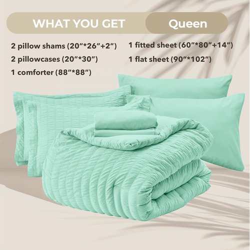 HYMOKEGE Queen Comforter Set - Mint Green Seersucker 7-Piece Luxury Bedding | All-Season Bed in a Bag