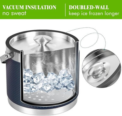 3Quart/3.2L Insulated Stainless Steel Ice Bucket with Lid, Scoop, Leather Design Double Wall Wine Bucket for Cocktail Bar, Parties (Dark Blue)