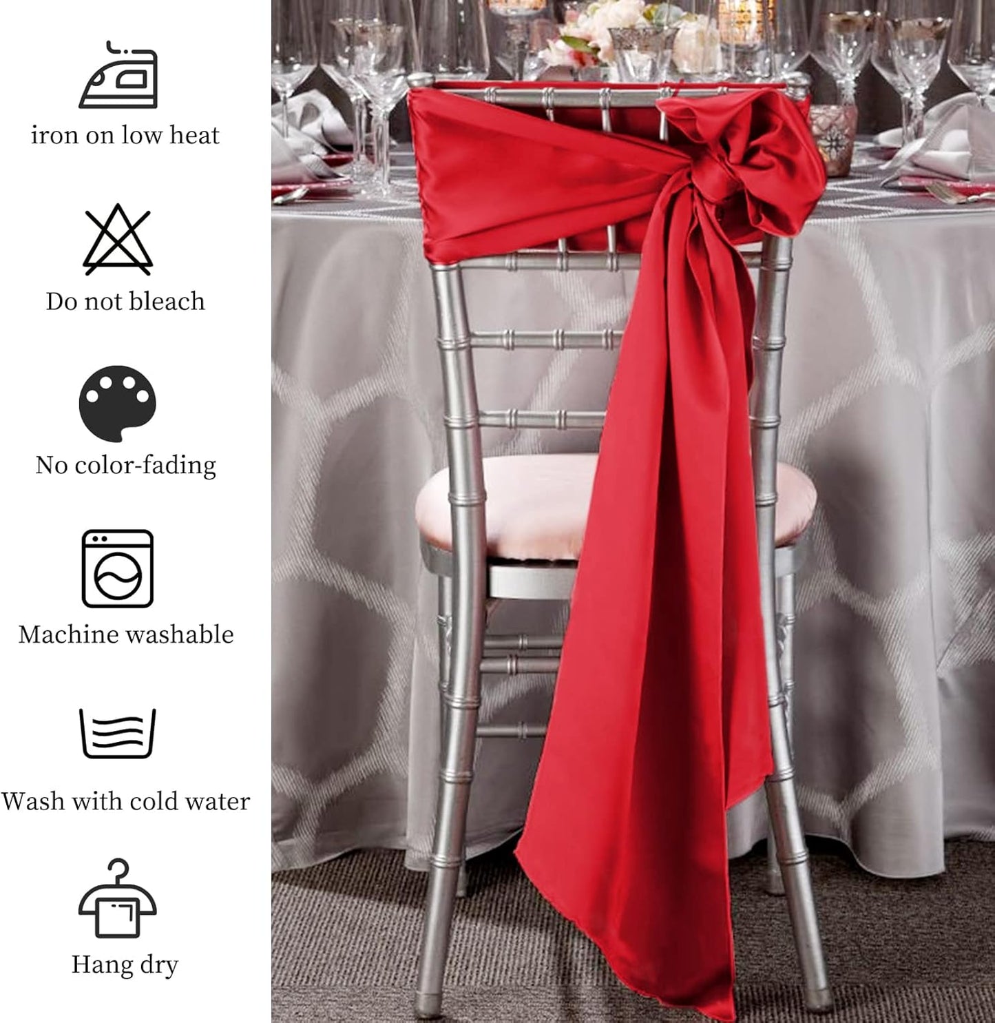 Showgeous 60 PCS Red Satin Chair Sashes - Elegant Bows for Wedding & Party Decor | 7 x 108 Inch