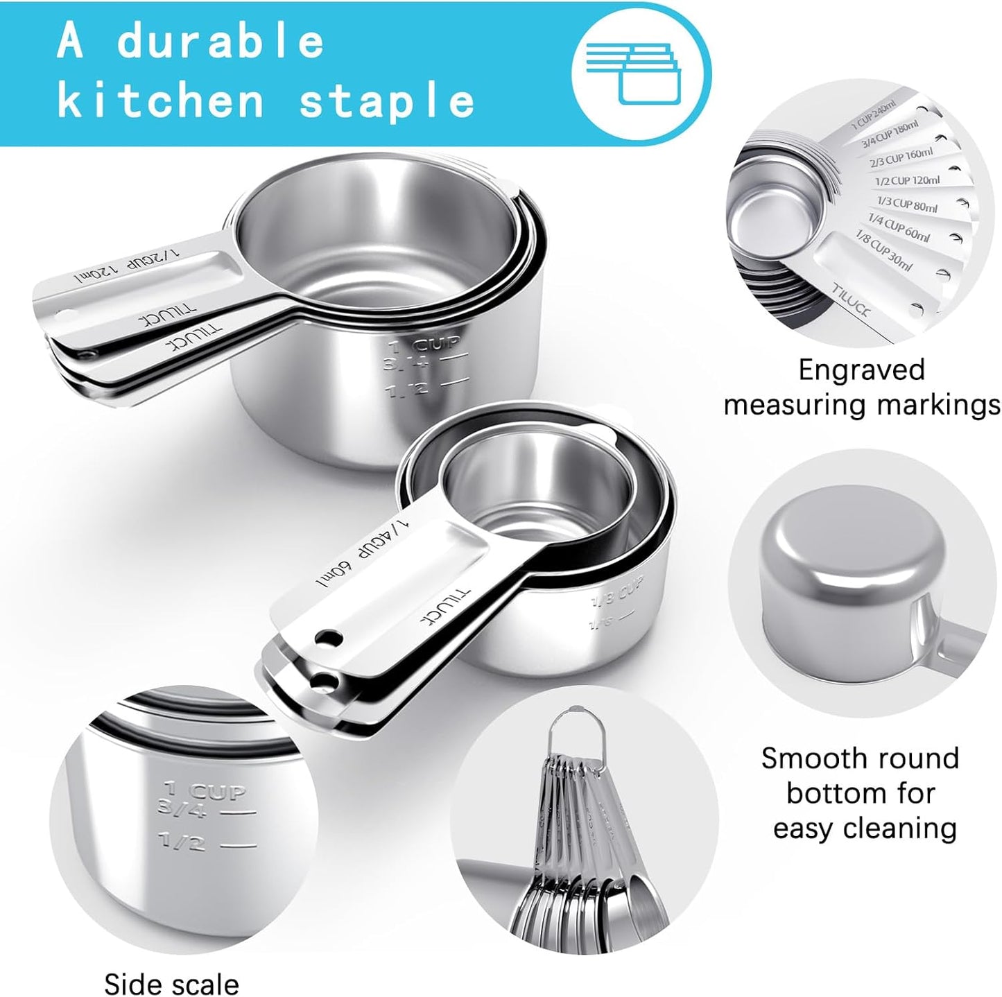 TILUCK Stainless Steel Measuring Cups Set - Essential Kitchen Gadgets for Cooking & Baking | Set of 7