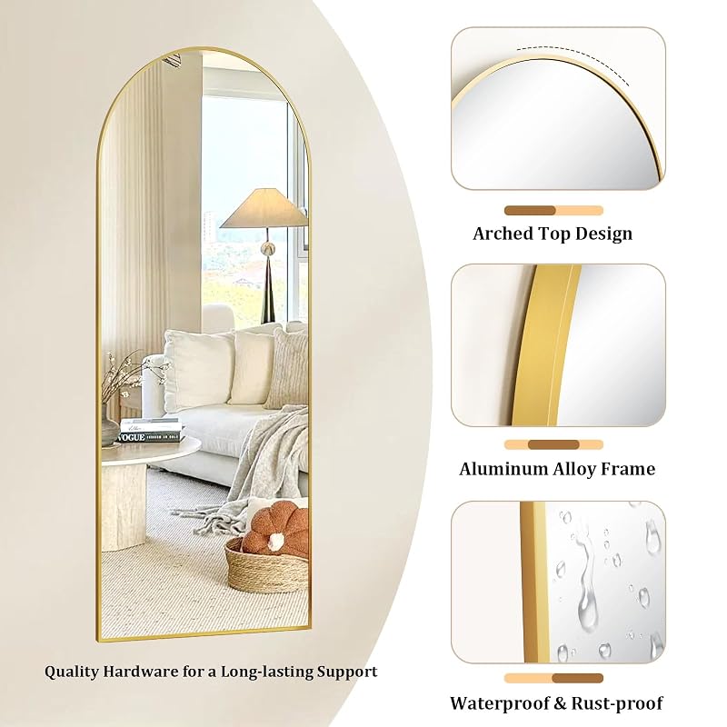 Arched Full-Length Floor Mirror with Gold Aluminum Frame — 59x16in, Free-Standing