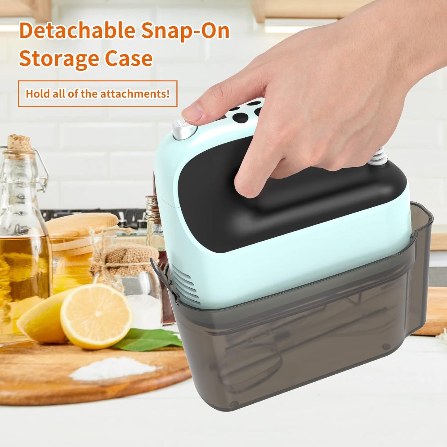 Skiennix 9-Speed Hand Mixer - 400W Powerful Electric Mixer with Snap-On Storage Case & 5 Accessories (Ice Blue/Black)