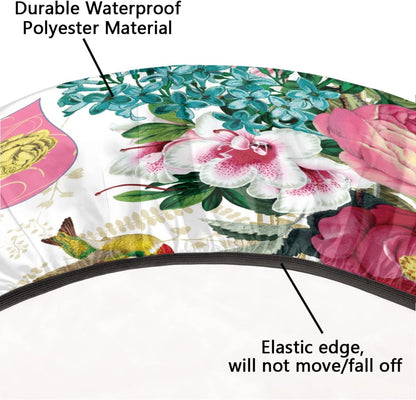 Skiennix Spring Flower Round Tablecloth - Elastic Edge, Washable Polyester for 45-50" Tables | Retro Floral Design