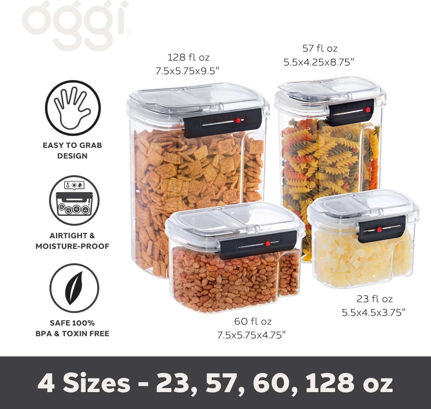 Oggi Easi Grip Moisture Proof Storage Containers, Set of 4, Ultra Clear BPA-Free Sealable Canisters, Pouring Lids, Date Reminder, Ideal Pantry Storage (23, 57, 60, 128 oz / 0.68, 1.7, 1.8, 3.8 lt)