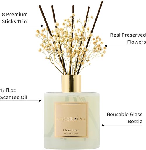 COCORRÍNA Reed Diffuser - Clean Linen Scented Diffuser with 8 Sticks | 17 Fl. Oz for Home Decor