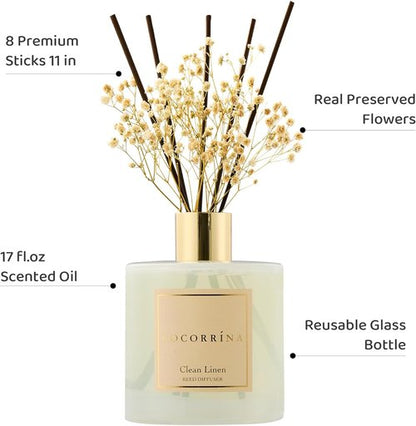 COCORRÍNA Reed Diffuser - Clean Linen Scented Diffuser with 8 Sticks | 17 Fl. Oz for Home Decor