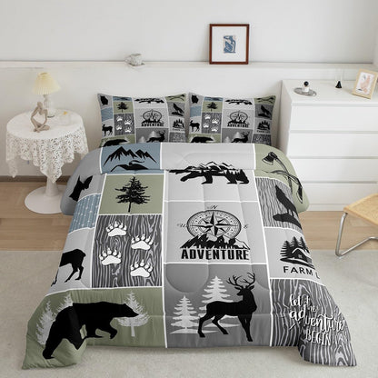 Rustic Farmhouse Cabin Kids Comforter Set Full Size,Deer Bear Hunting Adventure Bedding Set for Boys Girls Adults Room Decor,Geometric Plaids Down Comforter,Gray Green Duvet Insert,2 Pillowcases