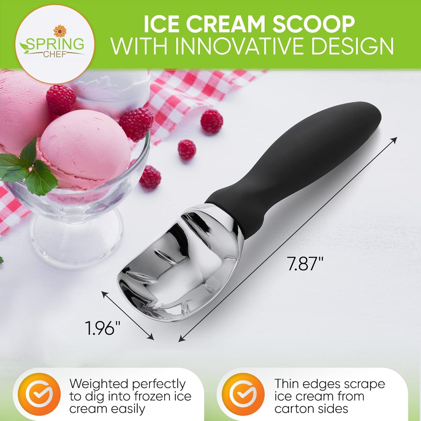 Spring Chef Ice Cream Scoop - Professional Heavy Duty Sturdy Scooper with Soft Grip Handle | 2 Pack, Black