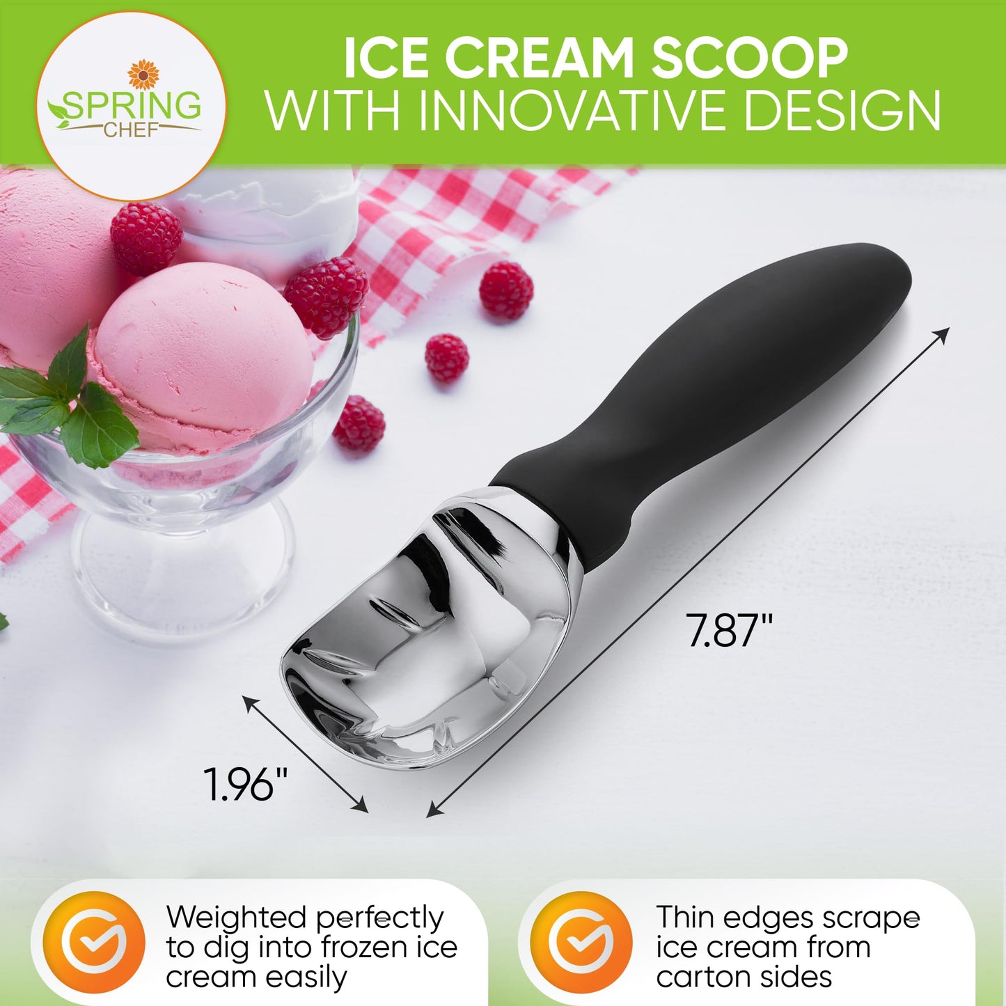 Spring Chef Stainless Steel Can Opener with Smooth Edge & Heavy Duty Professional Ice Cream Scoop - 2 Product Bundle - Black
