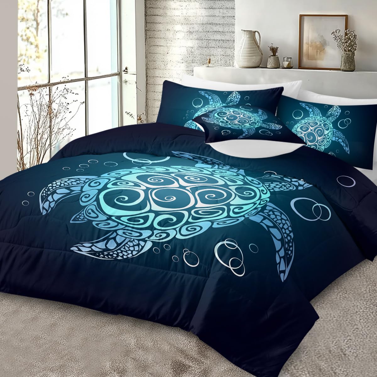Sleepwish Teal Turquoise Comforter Set King Size for Boys Girls 4 Piece Beach Theme Bedding Set Soft Green Sea Turtle Bed Set