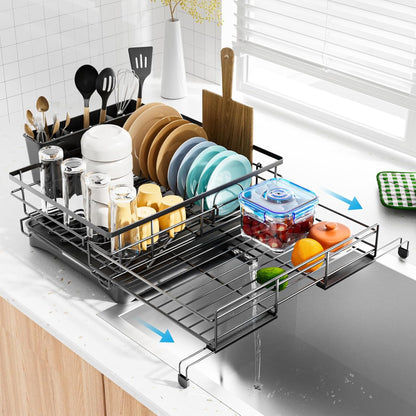 Skiennix Dish Drying Rack - Expandable, Large Capacity Kitchen Drainer with Utensil Holder, Black