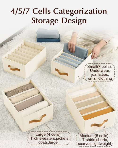 Homsorout Clothes Organizers - Foldable Fabric Jeans Organizer with Handles | 6 Pack, Beige