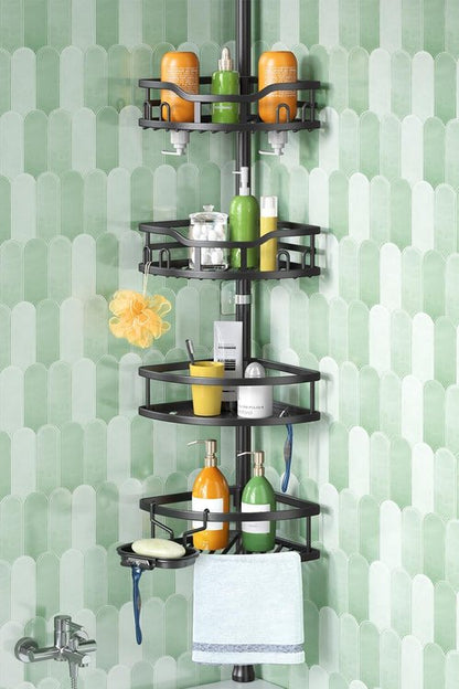 HAMITOR Corner Shower Caddy - Rustproof 4-Tier Bathroom Organizer for Shampoo & Soap - Adjustable 47-121 Inch Black Rack