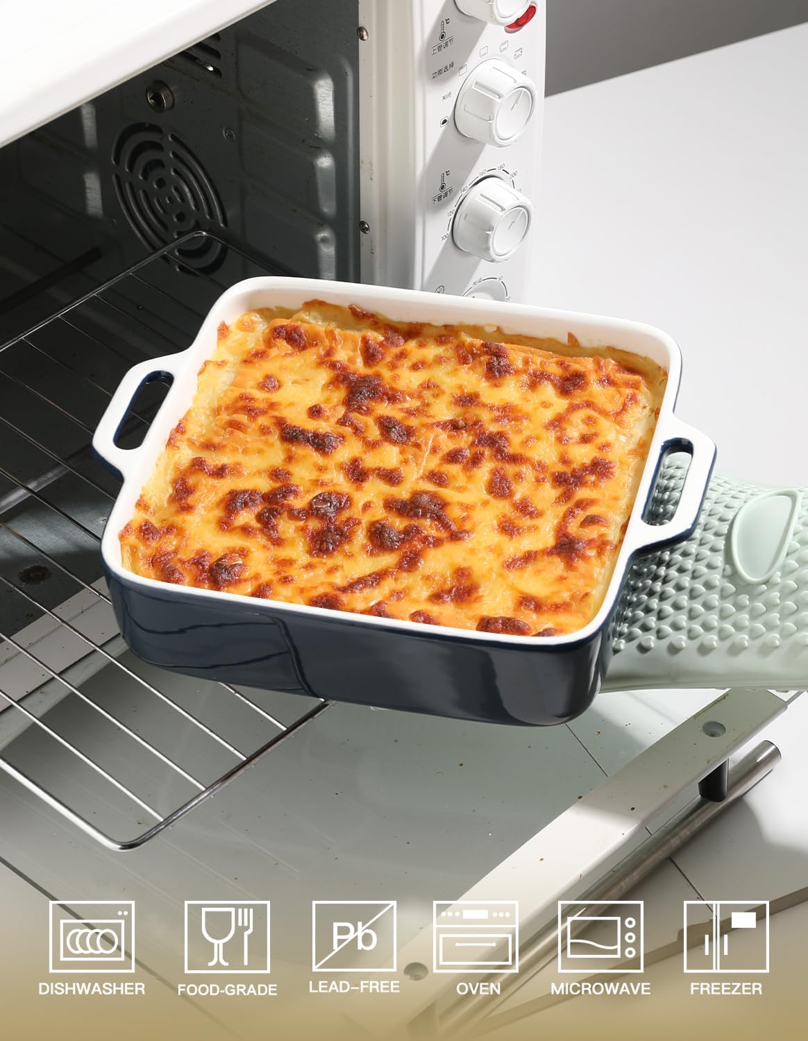 Sweejar 8x8 Baking Pan - Ceramic Casserole Dish with Double Handles | 2 QT Square for Brownies, Lasagna, Family Dinners (Navy)