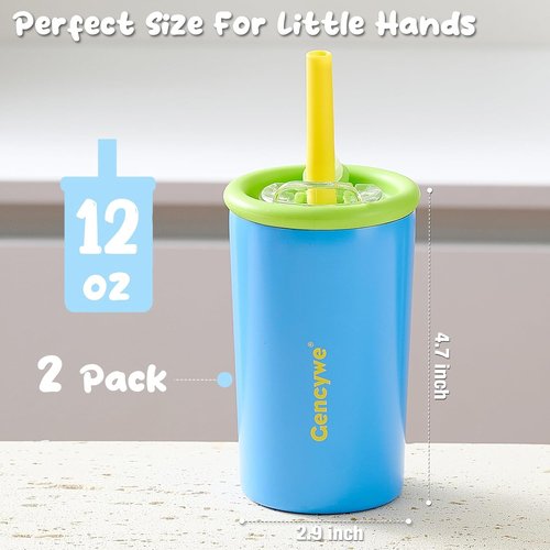 Gencywe Kids Double-Walled Stainless Steel Cups - 12 oz Spill-Proof Sippy Tumbler Set with Straws & Lids | BPA-Free, Perfect for Ages 3+