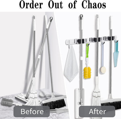 Skiennix Wall Mounted Broom & Mop Holder - Heavy Duty Stainless Steel Organizer | 2 Pack with 3 Racks & 4 Hooks