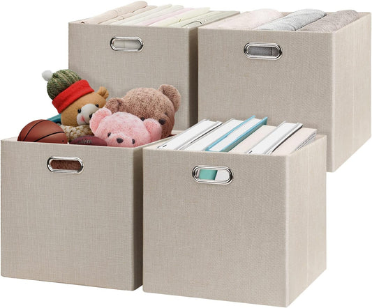 Posprica Storage Cube Bins - 13x13 Foldable Organizer Boxes for Closet & Shelf - Set of 4, Beige