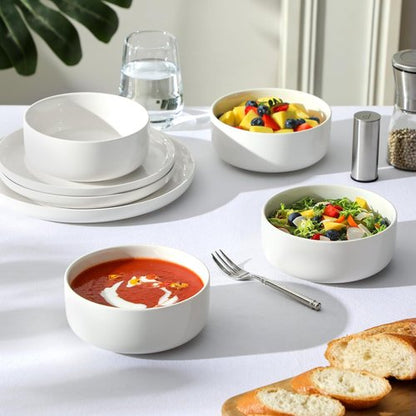 MALACASA 24 OZ Ceramic Cereal Bowls - Set of 4 Dishwasher & Microwave Safe | White LUNA Series