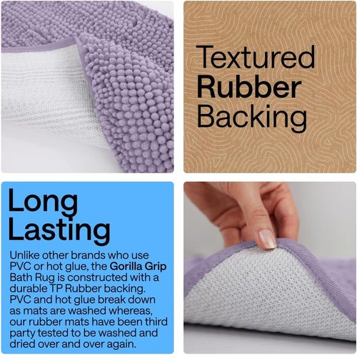 Gorilla Grip Plush Chenille Bath Rug Mat - Soft Microfiber, Machine Washable, Lt Purple - Fits Square Toilet Base