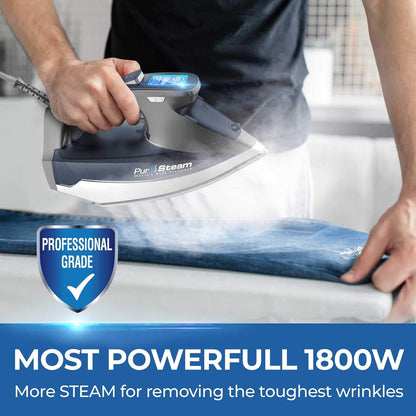 Pursteam Steam Iron - 1800W with LCD Screen, Nonstick Ceramic Soleplate & Auto Shutoff | Self-Cleaning Feature
