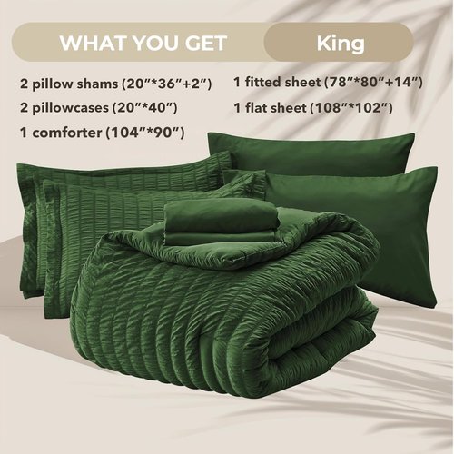 HYMOKEGE Dark Green King Size Comforter Set Seersucker 7 Pieces, All Season Luxury Bed in a Bag for Bedroom, Bedding Set with Comforters, Sheets, Pillowcases & Shams