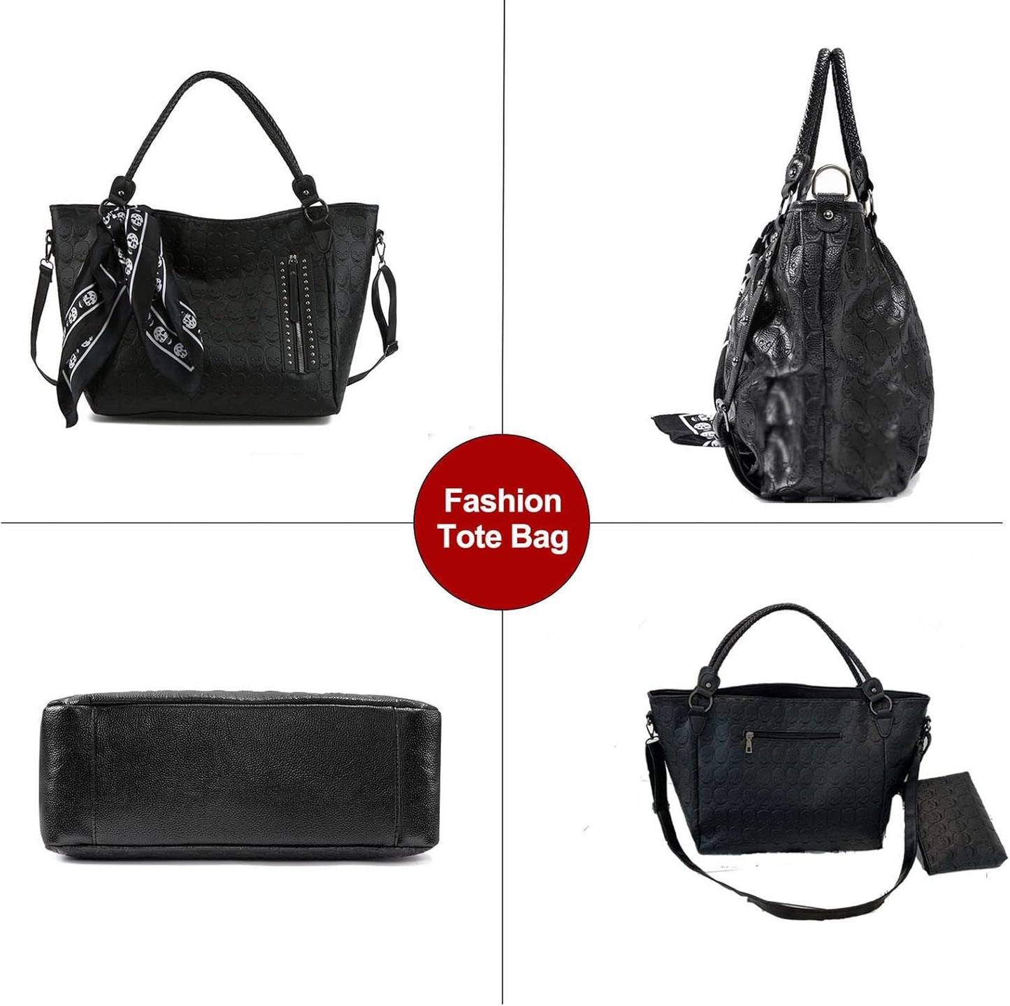 Zuoge Women’s Skull Tote Bag - Revit Studded PU Leather Handbag & Wallet Set with Scarf (3 Pcs)
