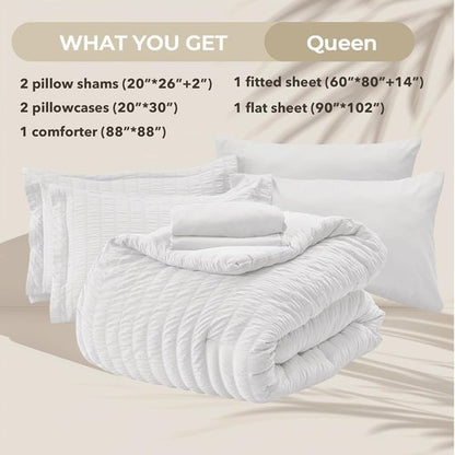 HYMOKEGE White Queen Comforter Set - 7-Piece All-Season Luxury Bedding Set with Sheets & Pillowcases