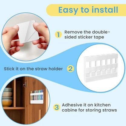Acrylic Straw Holder for Cabinet, Reusable Straw Organizer with Double Sided Adhesive Tape Tumbler Straw Storage Container for Cupboard Drinking Straw Dispenser for Kitchen Counter (White)