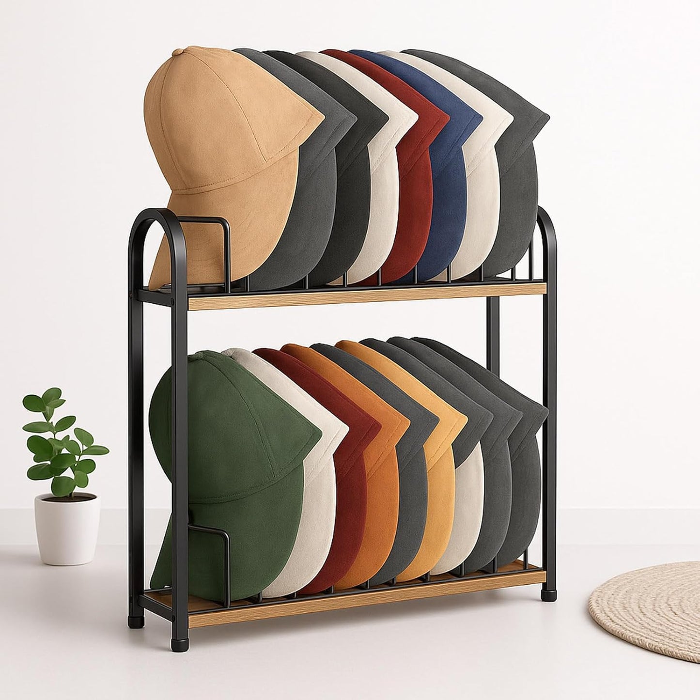 SWTYMIKI Hat Stand | 2-Tier Wood & Metal Organizer - Removable Tabletop Rack for 20 Caps (Black)