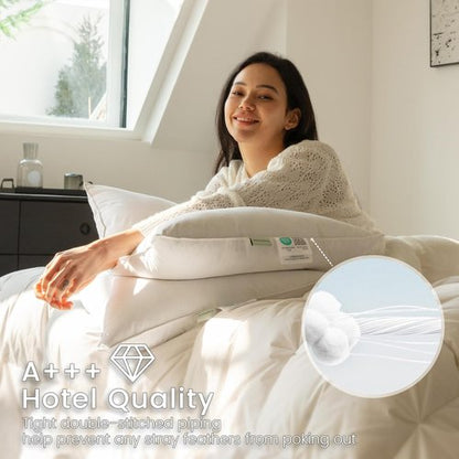 Alanzimo Goose Feather Down Pillows - Fluffy Queen Size Set of 2 | 100% Cotton Cover 20x28 Inches