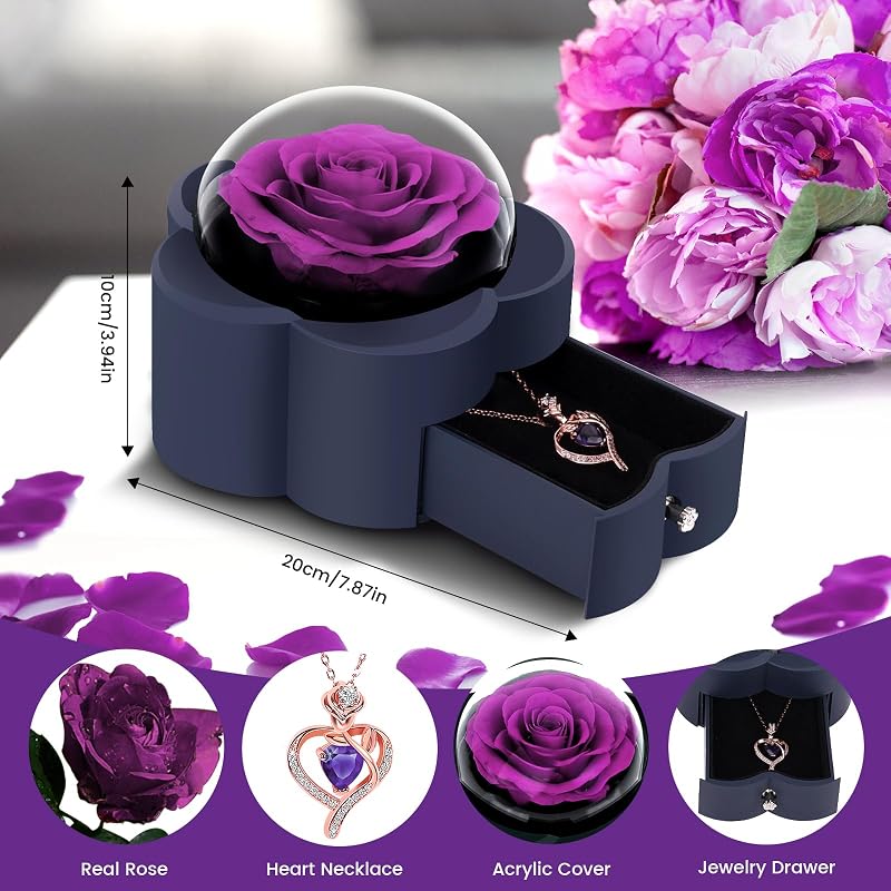 Preserved Rose with Heart Necklace Gift — Purple ONE ROSE