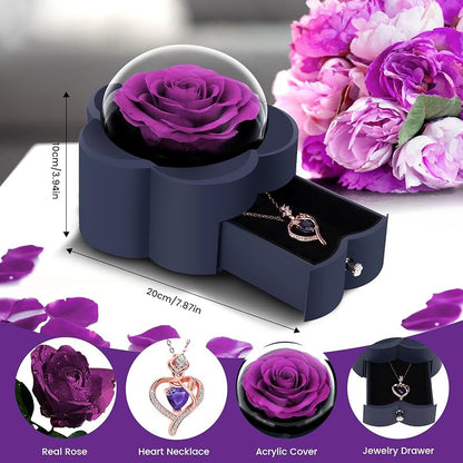 Preserved Rose with Heart Necklace Gift — Purple ONE ROSE