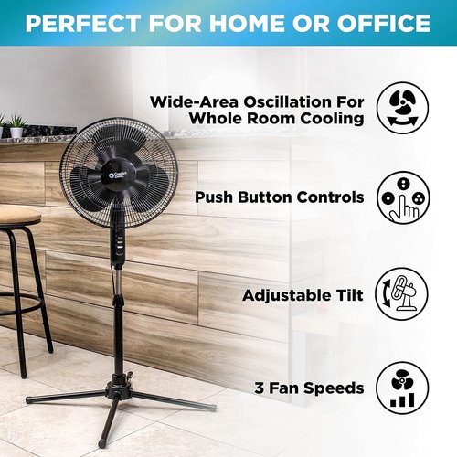 Comfort Zone 16-Inch Oscillating Pedestal Fan - High-Velocity 3-Speed Cooling, Adjustable Height & Tilt, Black